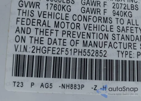 2023 Honda Civic Sport из США, поврежденный, VIN 2HGFE2F51PH552852